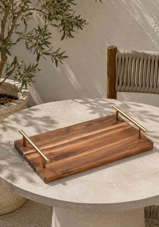 Rectangular Walnut Serving Tray with Brass Handles